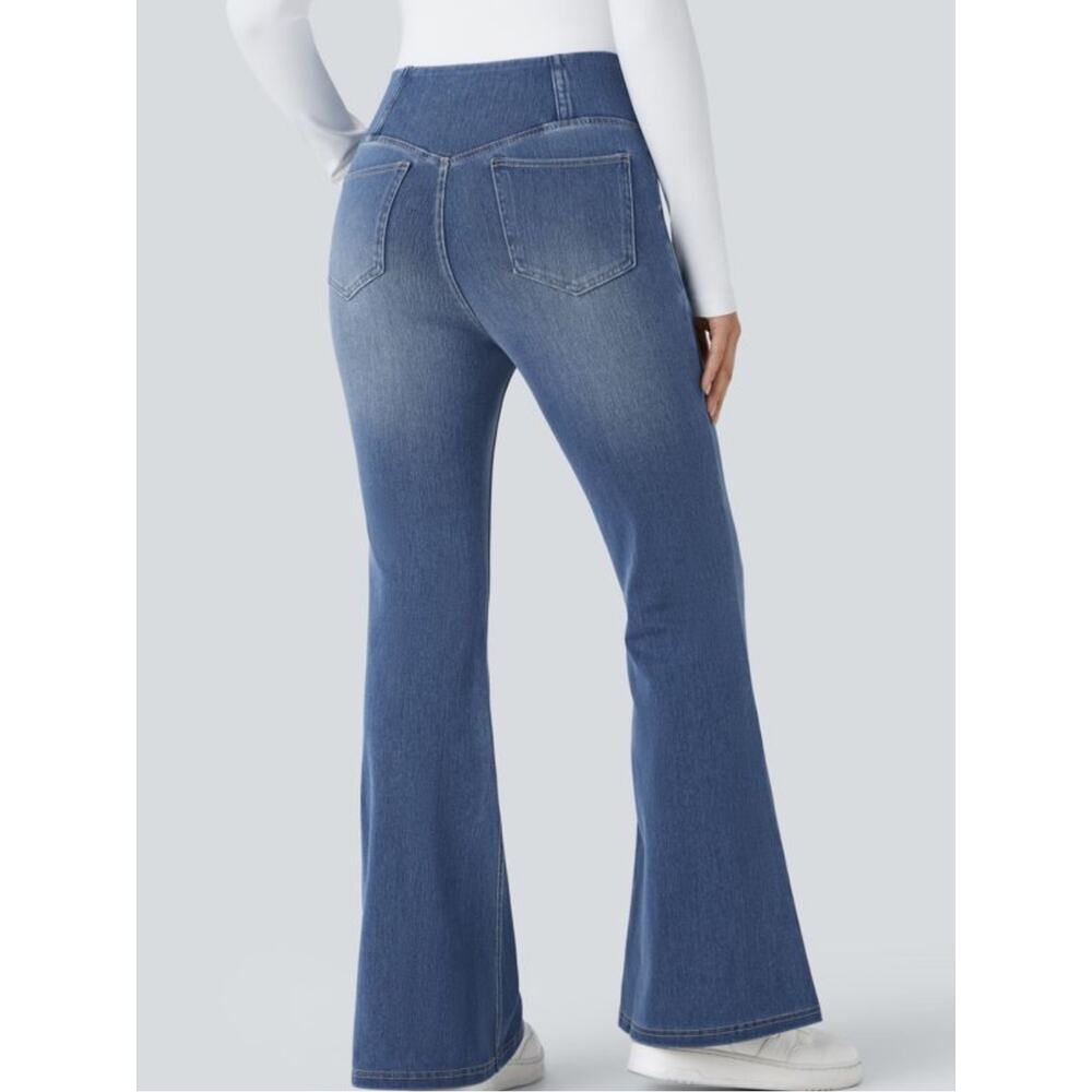 Halara Flex Light Blue Crossover Waist High Rise Flare Jeans - Picture 5 of 7